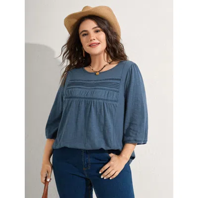 Bloomchic Women's Plus Size Cotton Lace Spliced Plain Knit Top Mediumblue 3/4 Sleeve Vacation 10/m