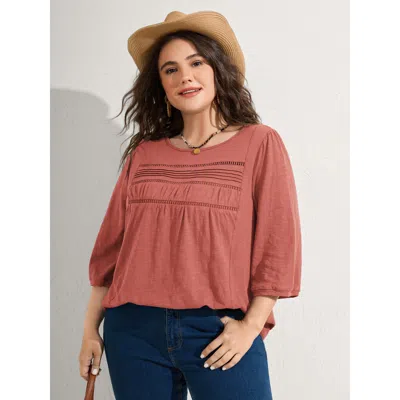 Bloomchic Women's Plus Size Cotton Lace Spliced Plain Knit Top Orangered 3/4 Sleeve Vacation 22-24/3x