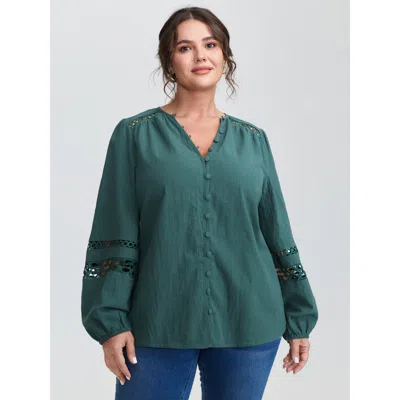 Bloomchic Women's Plus Size Cotton Lace Trim Button Placket Blouse Aegean Non Elegant Extra Long Sleeve 10/m In Blue