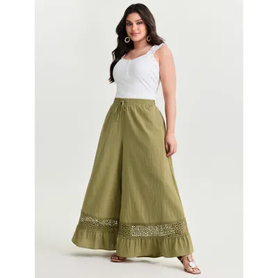 Bloomchic Women's Plus Size Cotton Lace Trim Drawstring Waist Wide Leg Pants Mustardyellow Mid Rise Vacation 2