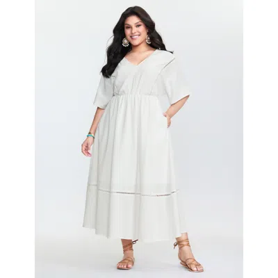 Bloomchic Women's Plus Size Cotton Lace Trim V-neck Pockets Maxi Dress Originalwhite Non Maxi Vacation 10/m