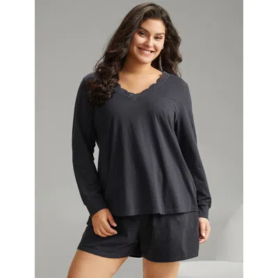 Bloomchic Women's Plus Size Cotton Lace V-neckline Relaxed-fit Pajama Top Indigo Plain Long Sleeve 14-16/1x In Purple