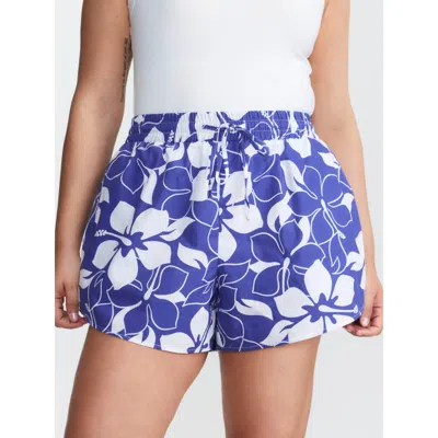 Bloomchic Women's Plus Size Cotton Large Floral Print Drawstring Shorts Mediumblue Casual H-line Tie Knot Shor
