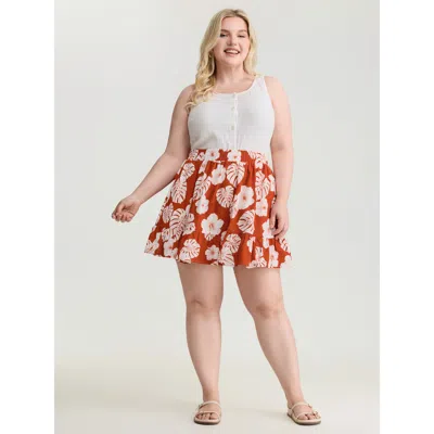 Bloomchic Women's Plus Size Cotton Large Floral Print Flowy Midi Skirt Brightorange Gathered Flared Casual 10/