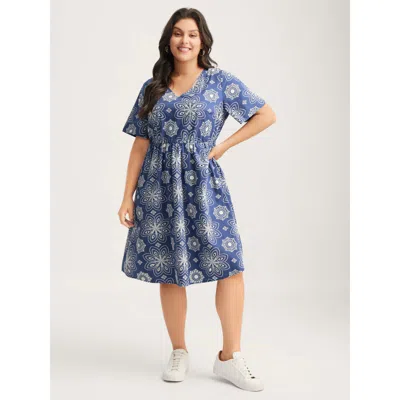 Bloomchic Women's Plus Size Cotton Large Floral Print Textured Pockets Midi Dress Mediumblue Synthetic Texture