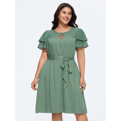 Bloomchic Women's Plus Size Cotton Layered Sleeve Textured Waist-tie Midi Dress Emerald Solid Knee Length Casu In Green
