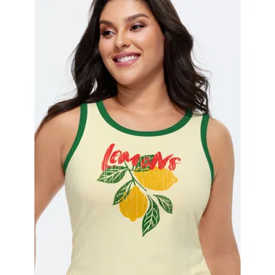 Bloomchic Women's Plus Size Cotton Lemon Print Scoop Neck Tank Top Beige Casual Fitted Sheath Round Neck 10/m In Sand