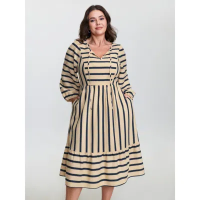 Bloomchic Women's Plus Size Cotton Linen Asymmetrical Striped Neckline Tie Midi Dress Mediumblue Stripes Midi 