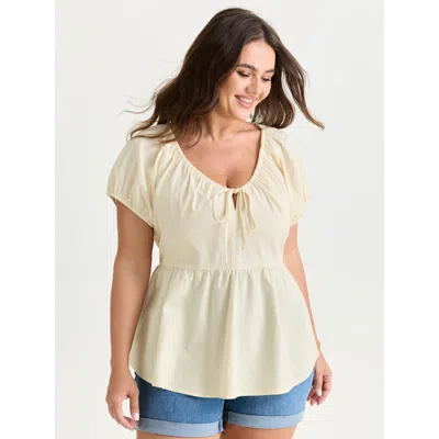 Bloomchic Women's Plus Size Cotton Linen Blend Drawstring Neckline Blouse Apricot Solid Casual Short Sleeve V- In Orange