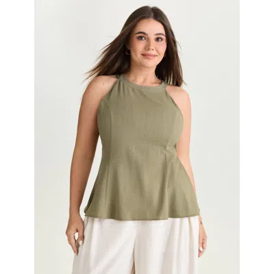 Bloomchic Women's Plus Size Cotton Linen Blend Sculpted Fit Tank Top Sage Office Fitted Fit & Flare Round Neck In Green