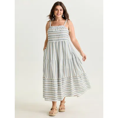 Bloomchic Women's Plus Size Cotton Linen Blend Striped Print Maxi Dress Ivory Stripes Maxi Vacation Lace-up 10 In White