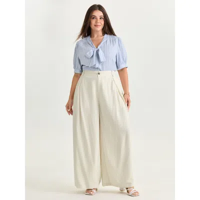 Bloomchic Women's Plus Size Cotton Linen Blend Wide-leg Pants Whitesmoke Solid Wide Leg Mid Rise Office 10/m