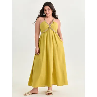 Bloomchic Women's Plus Size Cotton Linen Breathable Color Contrast Edges Maxi Dress Mustardyellow Solid Maxi V
