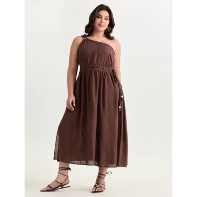 Bloomchic Women's Plus Size Cotton Linen One-shoulder Waist-defining Maxi Dress Browncoffeecolor Solid Maxi Va