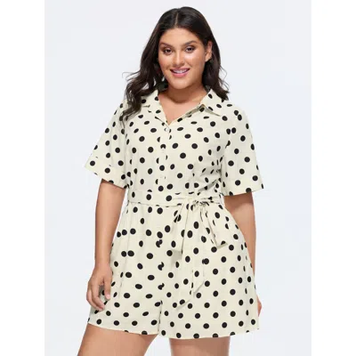 Bloomchic Women's Plus Size Cotton Linen Polka Dots Side Tie Collared Romper Ivory Elegant 10/m In White