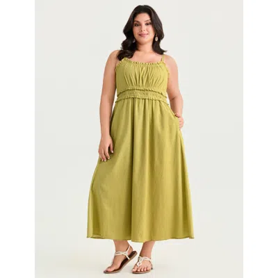 Bloomchic Women's Plus Size Cotton Linen Ruffle Trim Shirred Waist Cami Maxi Dress Yellowgreen Solid Maxi Vaca In Green