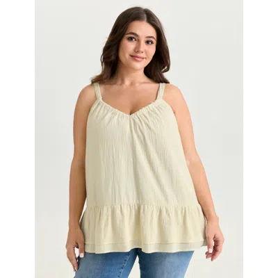Bloomchic Women's Plus Size Cotton Linen Ruffled Hem Pleated Neckline Tank Top Ivory Casual A-line V-neck 22-2 In White
