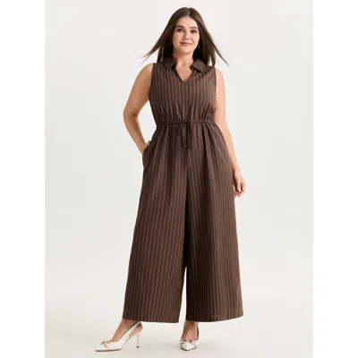 Bloomchic Women's Plus Size Cotton Linen Striped Print Waist-tie Collar Jumpsuit Browncoffeecolor Office 22-24