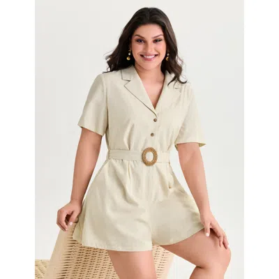 Bloomchic Women's Plus Size Cotton Linen Waist-buckle Collared Romper Ivory Vacation 10/m In White