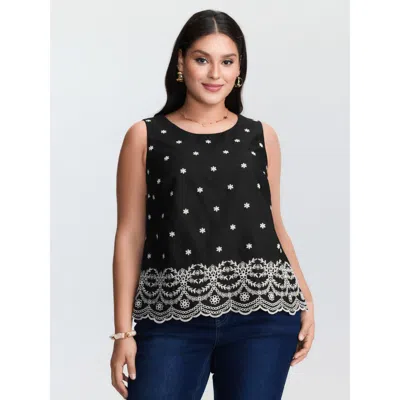 Bloomchic Women's Plus Size Cotton Monochrome Floral Embroidered Tank Top Black Vacation 12/l