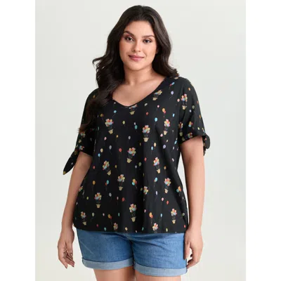 Bloomchic Women's Plus Size Cotton Multi-color Balloons Print Sleeve-tie T-shirt Pureblack Illustration Casual