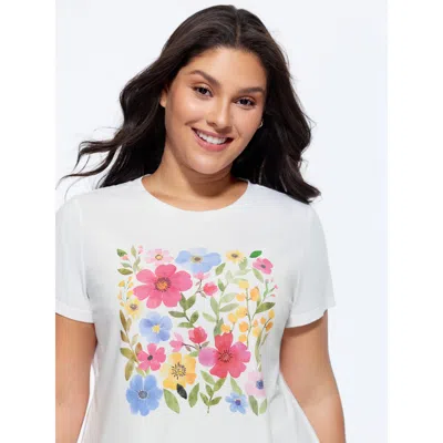 Bloomchic Women's Plus Size Cotton Multi-color Floral Print T-shirt Originalwhite Solid Casual Short Sleeve Ro