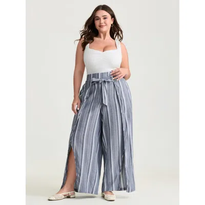 Bloomchic Women's Plus Size Cotton Nautical Stripe Slit Waist-tie Pants Slategray Stripes Wide Leg Mid Rise Ca In Gray