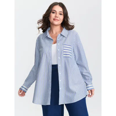 Bloomchic Women's Plus Size Cotton Nautical Striped Pocket Button Down Shirt Darkblue Casual Extra Long Sleeve In Blue