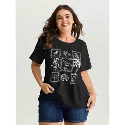 Bloomchic Women's Plus Size Cotton Ocean Calling Plain T-shirt Black Tropical Casual Short Sleeve 12/l
