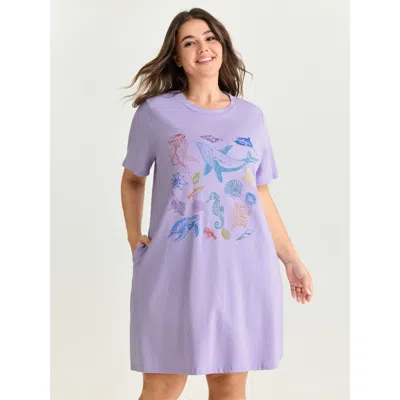 Bloomchic Women's Plus Size Cotton Ocean Elements Stretchy Nightgown Lilac Short Sleeve Midi Round Neck 18-20/ In Purple