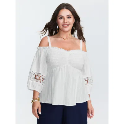 Bloomchic Women's Plus Size Cotton Off-shoulder Lace Trim Sleeve Blouse Originalwhite Synthetic Texture Vacati