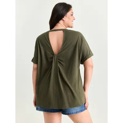 Bloomchic Women's Plus Size Cotton Open Back Detail T-shirt Armygreen Solid Casual Short Sleeve Round Neck 12/