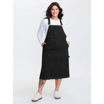 Bloomchic Women's Plus Size Cotton Overall Adjustable Straps Denim Dress Denimblack Midi Casual Non 12/l In Black