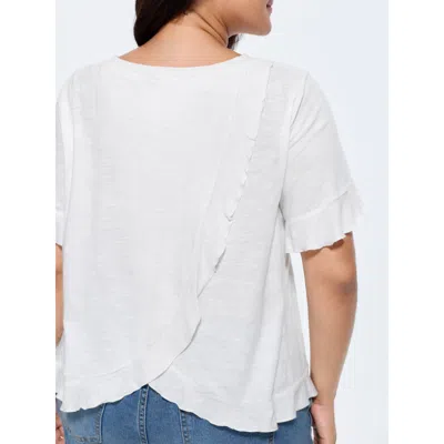 Bloomchic Women's Plus Size Cotton Overlap Back Ruffled T-shirt Originalwhite Solid Casual Short Sleeve Round 