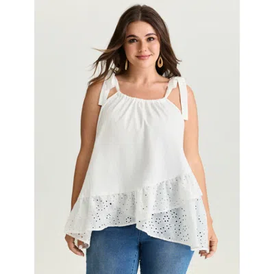 Bloomchic Women's Plus Size Cotton Overlap Ruffled Hem Shoulder-tie Tank Top Whitesmoke Vacation Relaxed Fit F