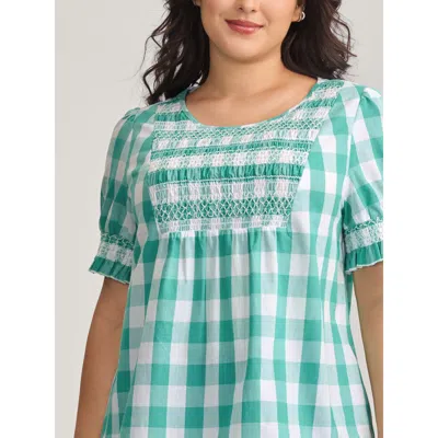 Bloomchic Women's Plus Size Cotton Plaid Print Shirred Neck Puffy Blouse Turquoise Plaid Casual Short Sleeve 2 In Blue