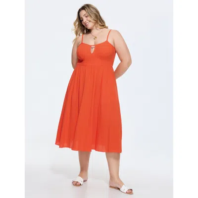 Bloomchic Women's Plus Size Cotton Plain Shirred Back Cut-out Midi Dress Orangered Solid Midi Vacation Smocked