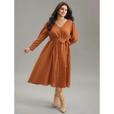 Bloomchic Women's Plus Size Cotton Plain Textured Pleated Button Detail Belted Dress Chocolate Office Plain 14 In Brown