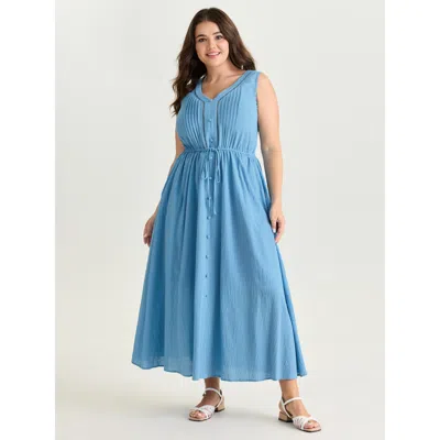 Bloomchic Women's Plus Size Cotton Pleated Bodice Button Detail Maxi Dress Skyblue Solid Maxi Casual 10/m In Blue