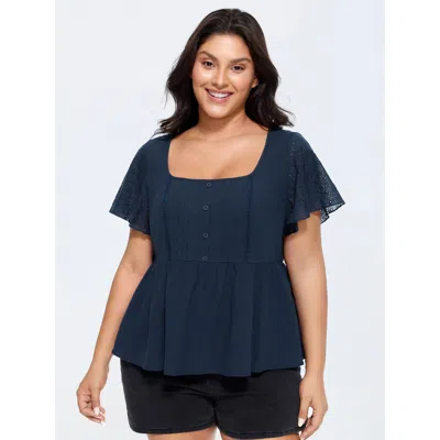Bloomchic Women's Plus Size Cotton Pleated Fit And Flare Plain Blouse Indigo Solid Casual Short Sleeve Square  In Purple