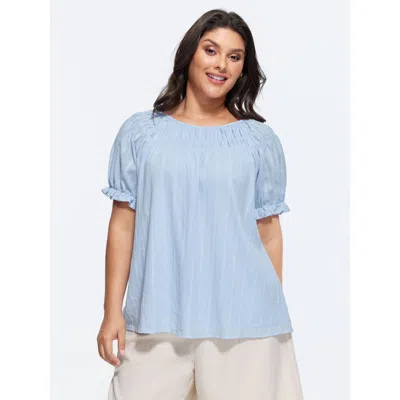 Bloomchic Women's Plus Size Cotton Pleated Neckline Stretchy Cuff Sleeve Blouse Lightblue Solid Casual Short S In Blue