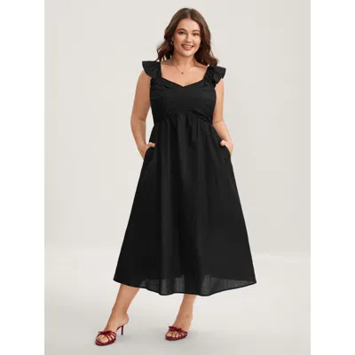 Bloomchic Women's Plus Size Cotton Pleated Overlap Pockets Maxi Dress Black Solid Midi Elegant Smocked 30/6x