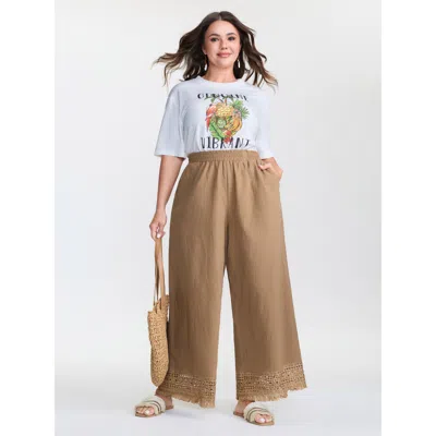 Bloomchic Women's Plus Size Cotton Pull-on Straight Leg Pants Tan Solid Straight Fit High Rise Vacation 10/m In Brown