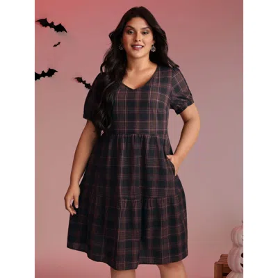 Bloomchic Women's Plus Size Cotton Retro Plaid Print Tiered Stretchy Mini Dress Black Plaid Mini Casual Non 10