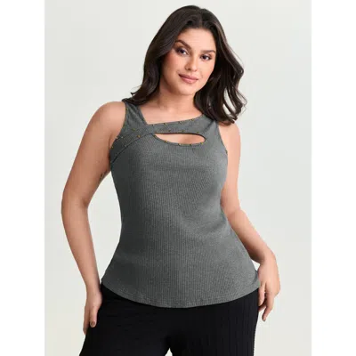 Bloomchic Women's Plus Size Cotton Ribbed Asymmetric Neckline Tank Top Dimgray Casual Fitted Sheath Asymmetric