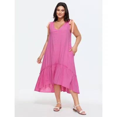 Bloomchic Women's Plus Size Cotton Ribbon Shoulder Tie V-neck Flowy Midi Dress Blush Solid Tunic Casual Lace-u In Pink
