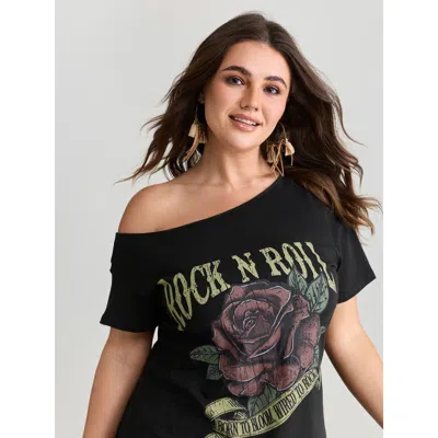 Bloomchic Women's Plus Size Cotton Rock And Roll Print T-shirt Black Vacation Short Sleeve One-shoulder 22-24/