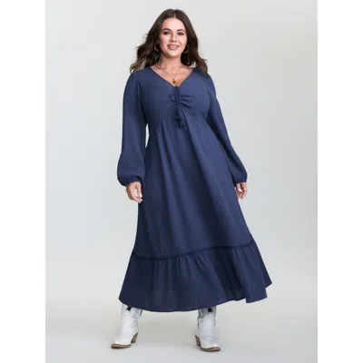 Bloomchic Women's Plus Size Cotton Ruched Drawstring Neckline Tiered Midi Dress Darkblue Solid Maxi Vacation R In Blue