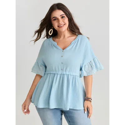 Bloomchic Women's Plus Size Cotton Ruffle Sleeve Babydoll T-shirt Lightblue Vacation Short Sleeve V-notch Neck In Blue