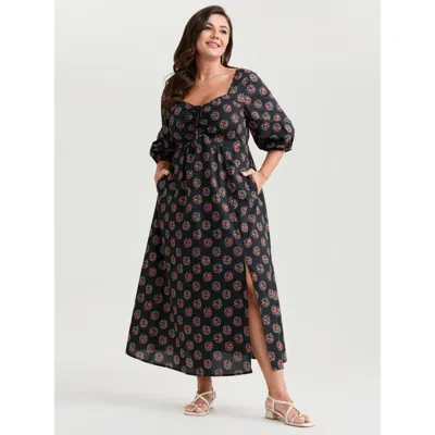 Bloomchic Women's Plus Size Cotton Rustic Tomato Print Front Center Slit Maxi Dress Black Fruit And Vegetable 